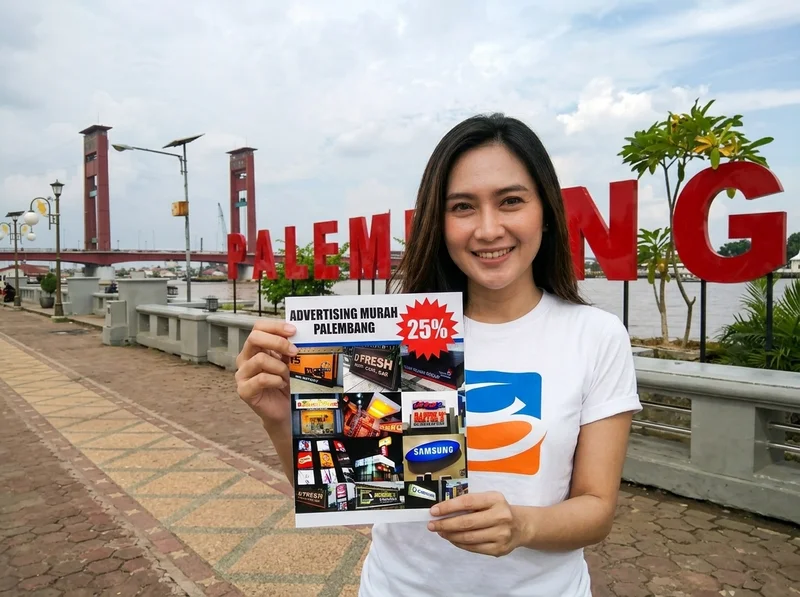 Pekerja Sriwijaya Grafika mengukur frame reklame di depan toko Palembang