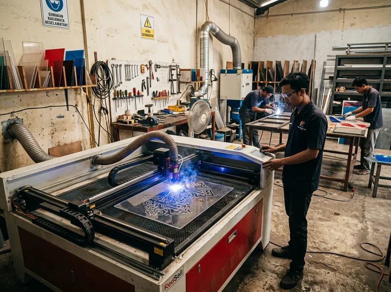 Mesin laser cutting akrilik di workshop Laserindo Palembang Sriwijaya Grafika