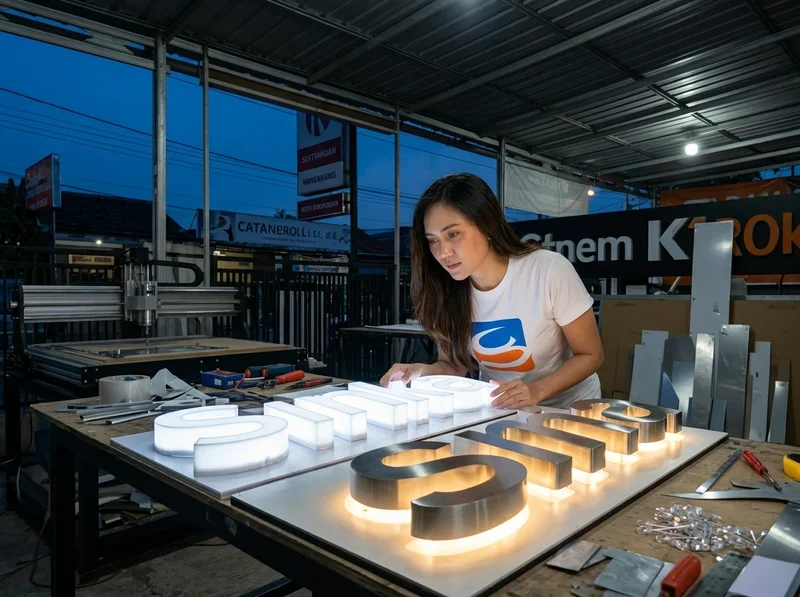 Perbandingan Huruf Timbul Menyala Depan vs Backlit Samping Fasad