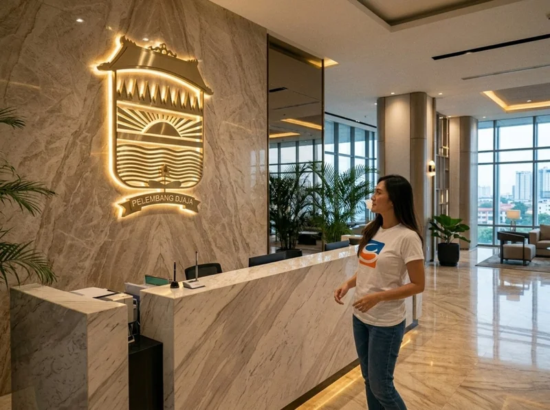 Pemasangan huruf timbul stainless gold backlit di meja resepsionis lobby kantor Palembang
