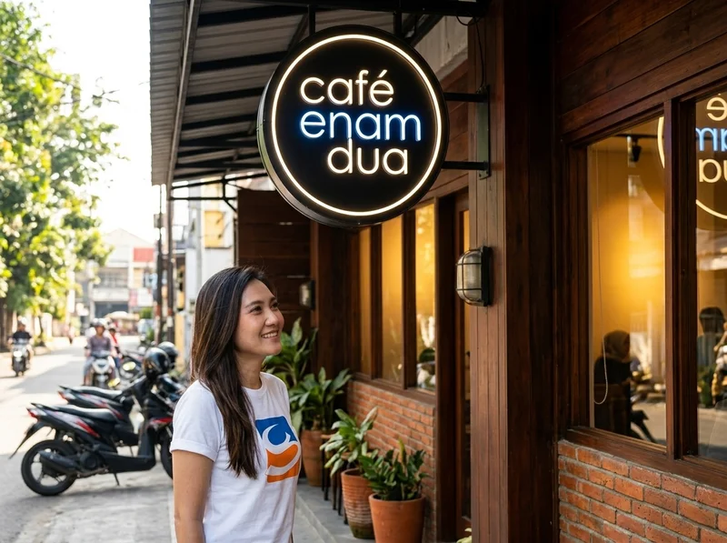 Pemasangan neon box bulat dua sisi untuk toko dan cafe di Palembang