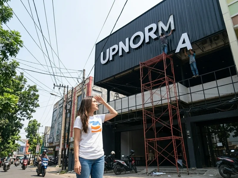 Teknik pasang huruf timbul fasad ruko Palembang