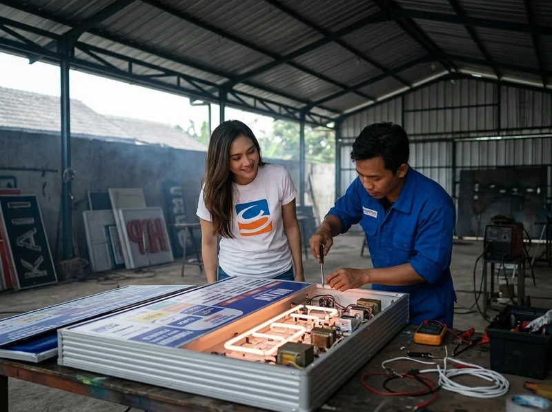 Diagram diagnosis penyebab neon box redup dan cara cek driver LED dengan multimeter