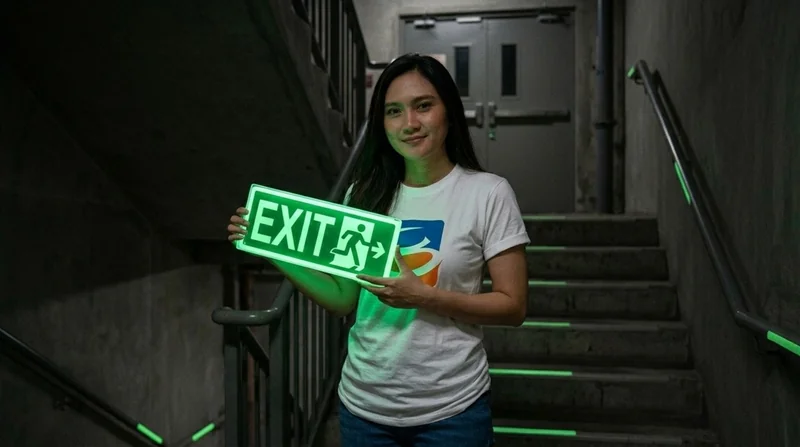 Pemeriksaan rambu jalur evakuasi glow in the dark tangga darurat gedung komersial